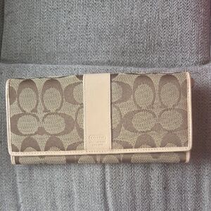 Coach Signature Canvas Continental Wallet in Brown and Tan Leather Trim